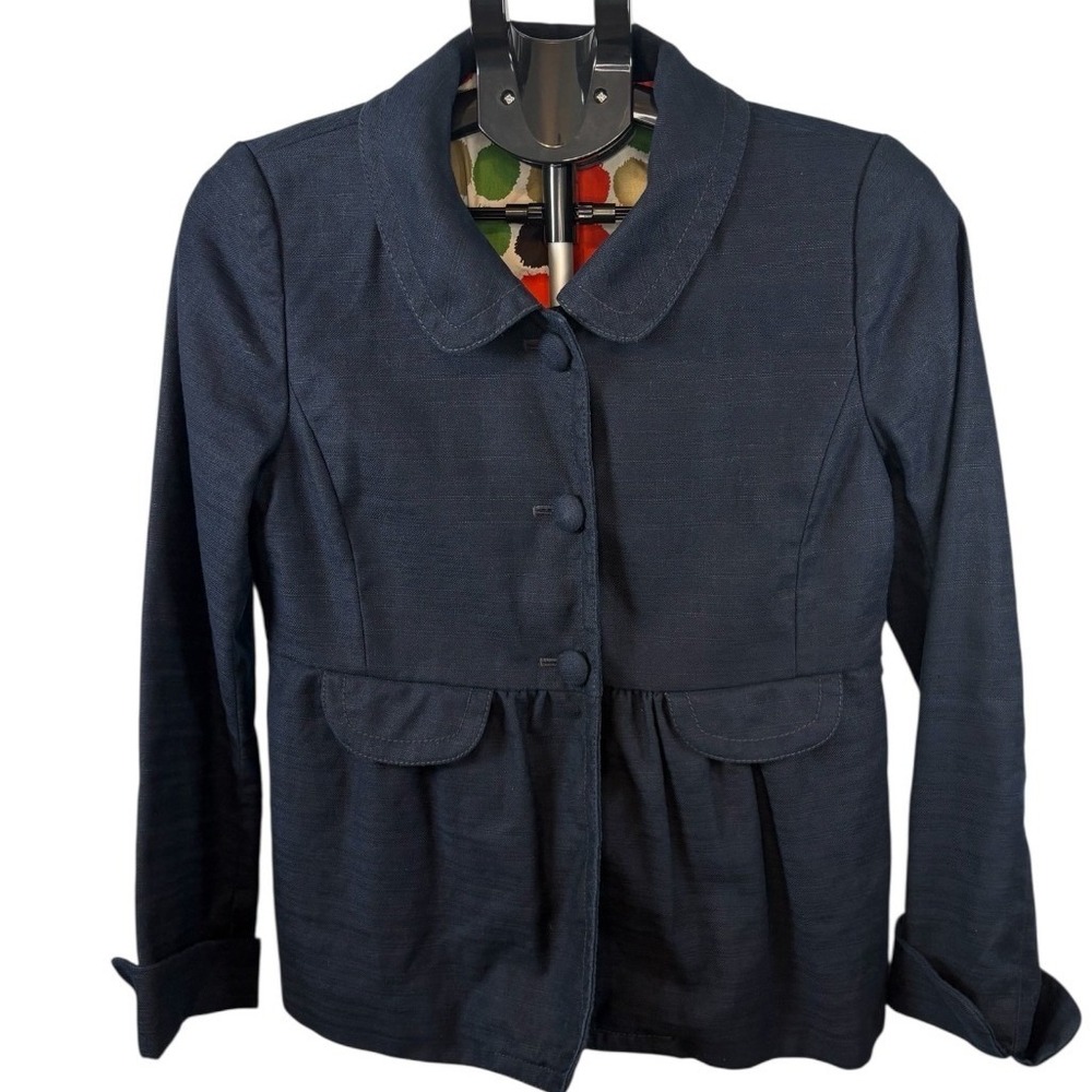 J.Crew Navy Blue Cotton Linen Peplum Jacket Peter Pan Collar‎ Womens Size 6